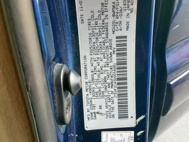 JTEHF21A320054881 - 2002 TOYOTA HIGHLANDER BLUE photo 10