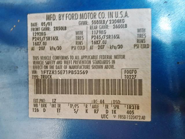 1FTZR15E71PB53569 - 2001 FORD RANGER SUP BLUE photo 10