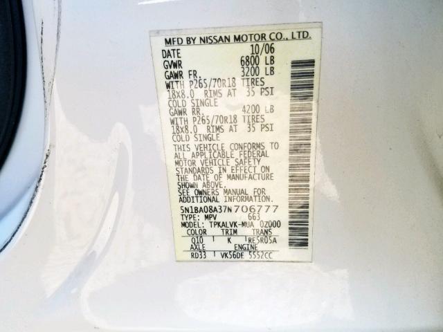 5N1BA08A37N706777 - 2007 NISSAN ARMADA SE WHITE photo 10