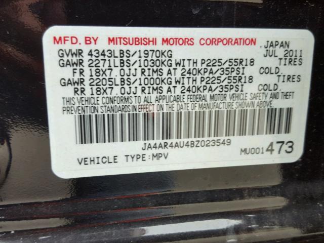 JA4AR4AU4BZ023549 - 2011 MITSUBISHI OUTLANDER BLACK photo 10