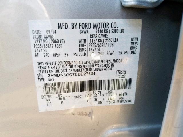 2FMDK3GC7EBB27634 - 2014 FORD EDGE SE SILVER photo 10