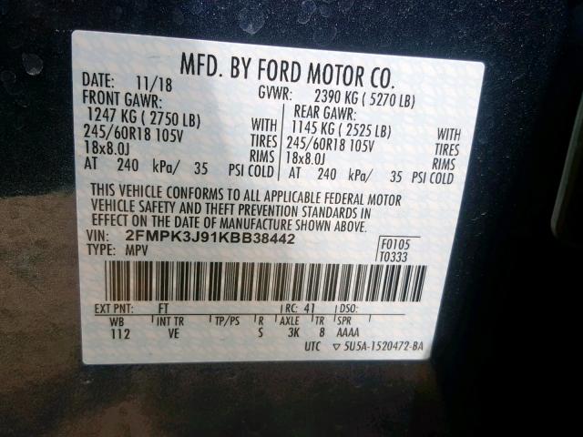 2FMPK3J91KBB38442 - 2019 FORD EDGE SEL BLUE photo 10