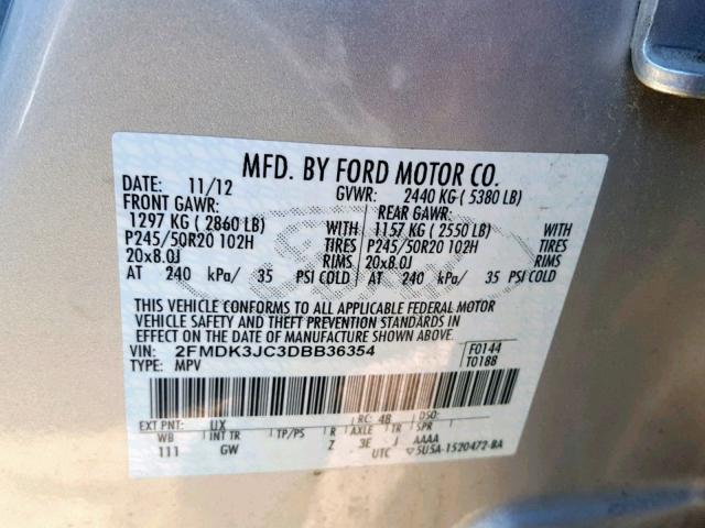 2FMDK3JC3DBB36354 - 2013 FORD EDGE SEL SILVER photo 10