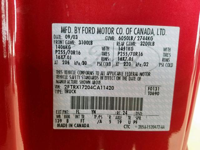 2FTRX17204CA11420 - 2004 FORD F-150 HERI RED photo 10