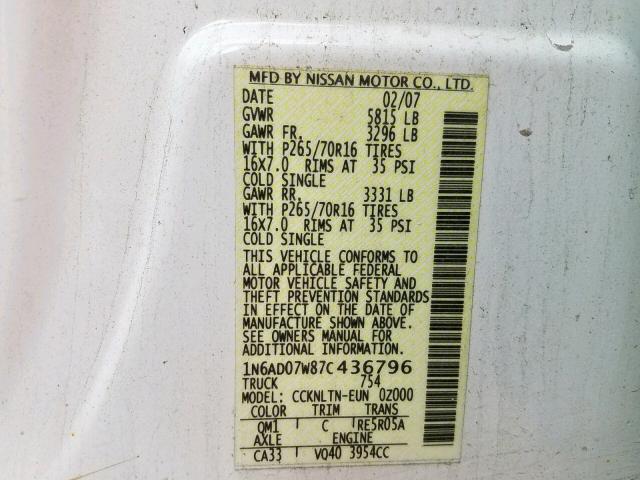 1N6AD07W87C436796 - 2007 NISSAN FRONTIER C WHITE photo 10