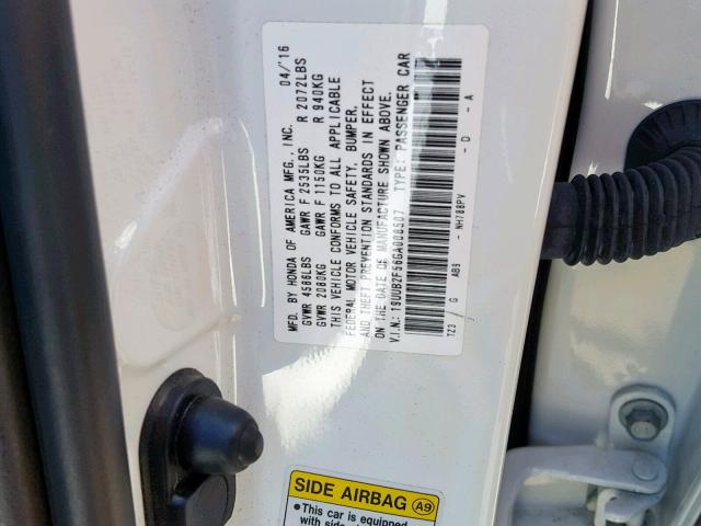19UUB2F56GA008507 - 2016 ACURA TLX TECH WHITE photo 10