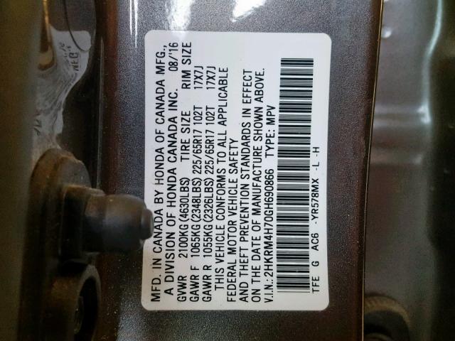 2HKRM4H70GH690866 - 2016 HONDA CR-V EXL GRAY photo 10