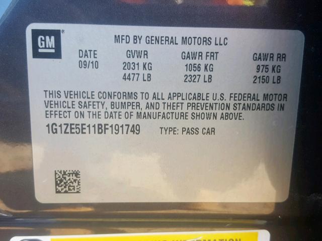 1G1ZE5E11BF191749 - 2011 CHEVROLET MALIBU LTZ ნაცრისფერი ფოტო 10