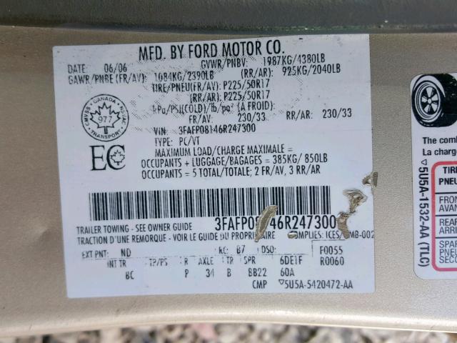 3FAFP08146R247300 - 2006 FORD FUSION SEL BEIGE photo 10