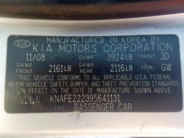 KNAFE222395641131 - 2009 KIA SPECTRA EX SILVER photo 10