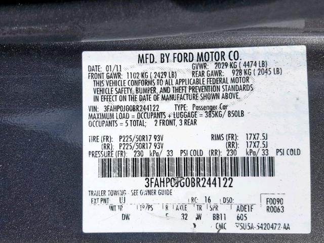 3FAHP0JG0BR244122 - 2011 FORD FUSION SEL CHARCOAL photo 10