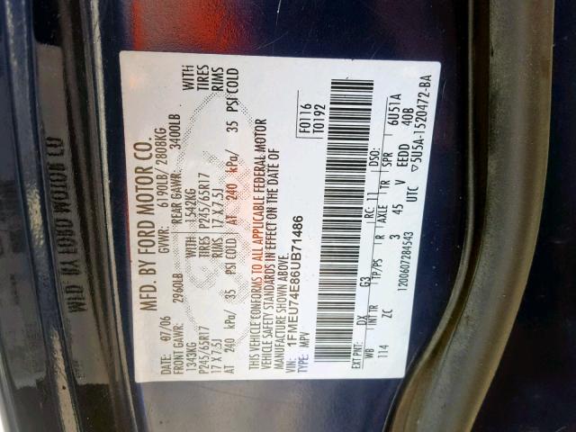 1FMEU74E86UB71486 - 2006 FORD EXPLORER E BLUE photo 10