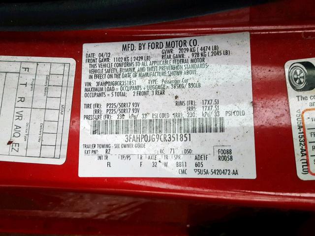 3FAHP0JG9CR351851 - 2012 FORD FUSION SEL RED photo 10