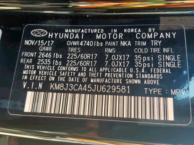 KM8J3CA45JU629581 - 2018 HYUNDAI TUCSON SEL BLACK photo 10