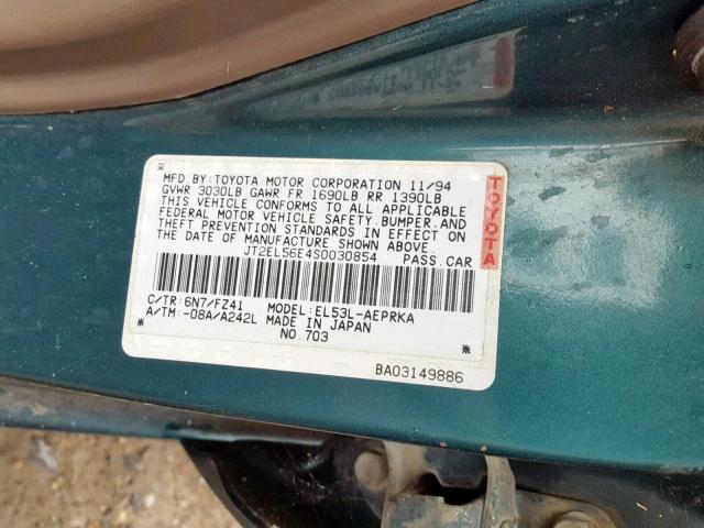 JT2EL56E4S0030854 - 1995 TOYOTA TERCEL DX GREEN photo 10