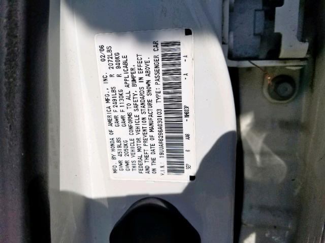 19UUA66266A030103 - 2006 ACURA 3.2TL WHITE photo 10