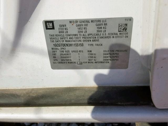 1GCGTDEN3H1155150 - 2017 CHEVROLET COLORADO Z WHITE photo 10