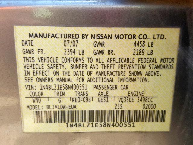 1N4BL21E58N400551 - 2008 NISSAN ALTIMA 3.5 GRAY photo 10