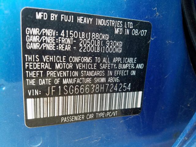 JF1SG66638H724254 - 2008 SUBARU FORESTER S Mavi foto 10