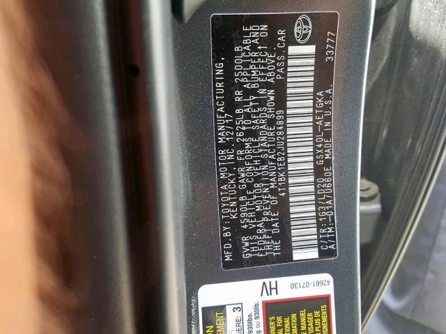 4T1BK1EB2JU284899 - 2018 TOYOTA AVALON XLE GRAY photo 10