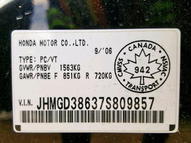 JHMGD38637S809857 - 2007 HONDA FIT S 黑色 照片 10