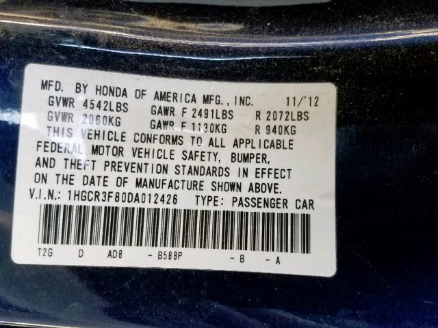 1HGCR3F80DA012426 - 2013 HONDA ACCORD EXL BLUE photo 10