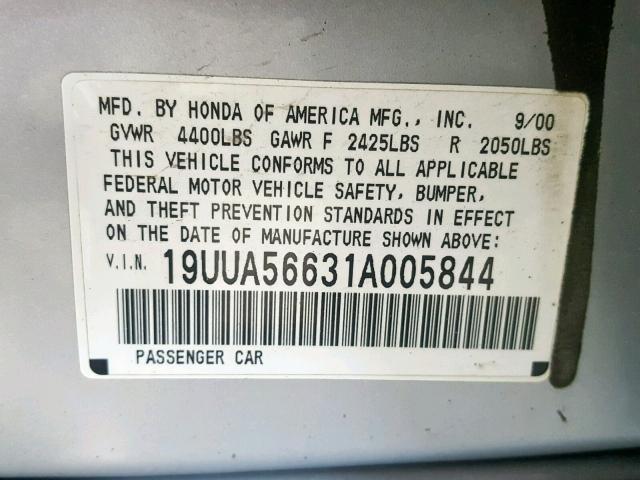 19UUA56631A005844 - 2001 ACURA 3.2TL SILVER photo 10