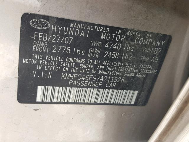 KMHFC46F97A211928 - 2007 HYUNDAI AZERA SE GOLD photo 10