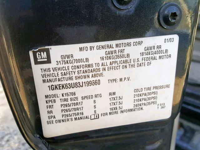 1GKEK63U83J199660 - 2003 GMC YUKON DENA CHARCOAL photo 10