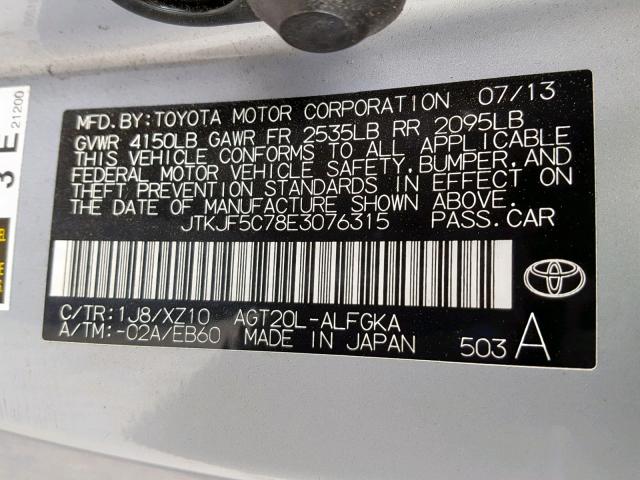 JTKJF5C78E3076315 - 2014 TOYOTA SCION TC ვერცხლისფერი ფოტო 10
