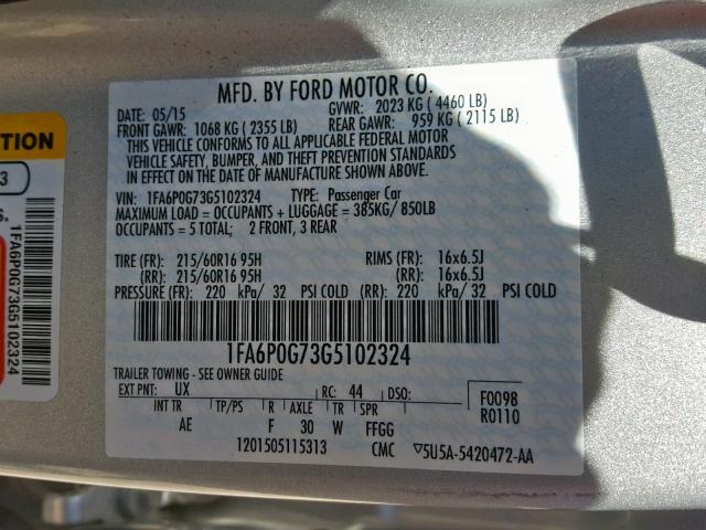 1FA6P0G73G5102324 - 2016 FORD FUSION S SILVER photo 10