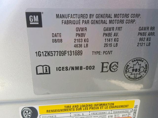 1G1ZK57709F131689 - 2009 CHEVROLET MALIBU LTZ ვერცხლისფერი ფოტო 10