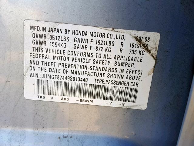 JHMGE87449S013440 - 2009 HONDA FIT SPORT BLUE photo 10