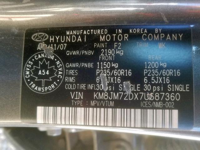 KM8JM72DX7U687360 - 2007 HYUNDAI TUCSON GL SILVER photo 10