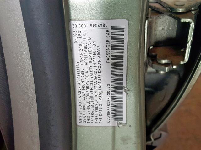 WVWRH63B33P030573 - 2003 VOLKSWAGEN PASSAT GLX GREEN photo 10