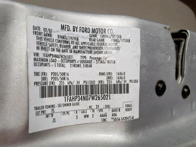 1FAHP34N07W265021 - 2007 FORD FOCUS ZX4 SILVER photo 10