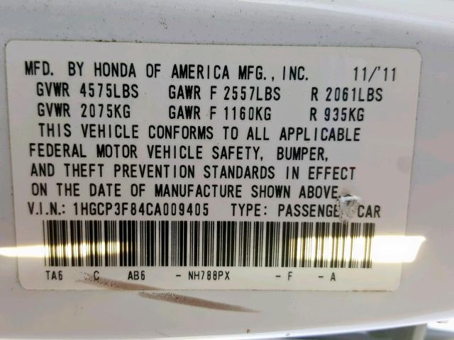 1HGCP3F84CA009405 - 2012 HONDA ACCORD EXL WHITE photo 10