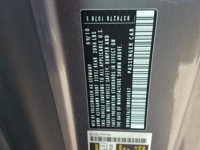 WVWBA7AJ1BW094587 - 2011 VOLKSWAGEN GOLF 灰色 照片 10