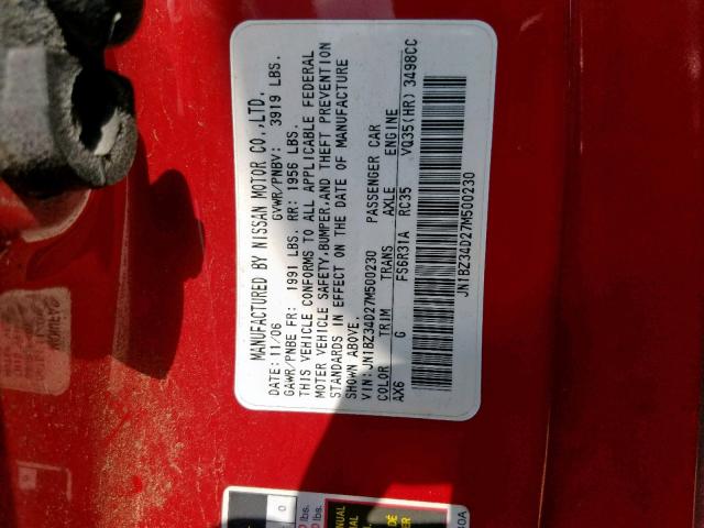 JN1BZ34D27M500230 - 2007 NISSAN 350Z COUPE RED photo 10