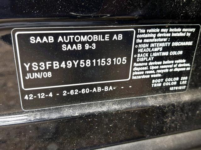 YS3FB49Y581153105 - 2008 SAAB 9-3 2.0T BLACK photo 10