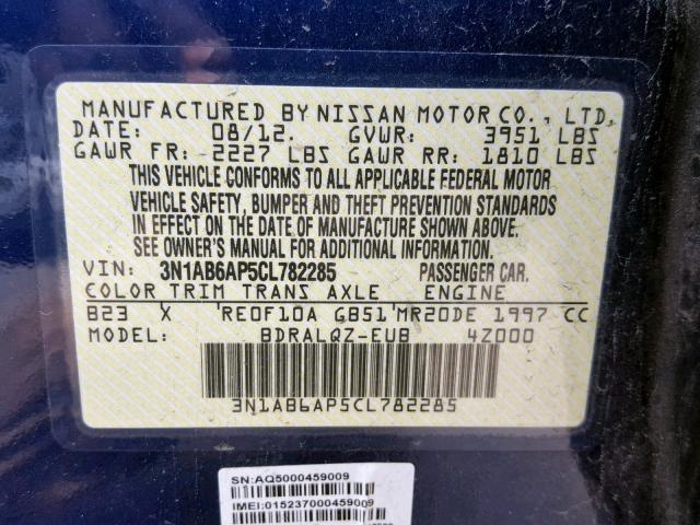 3N1AB6AP5CL782285 - 2012 NISSAN SENTRA 2.0 BLUE photo 10