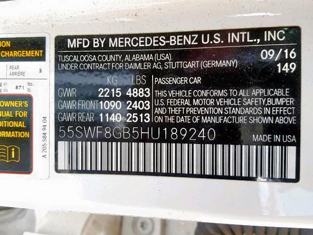 55SWF8GB5HU189240 - 2017 MERCEDES-BENZ C 63 AMG WHITE photo 10