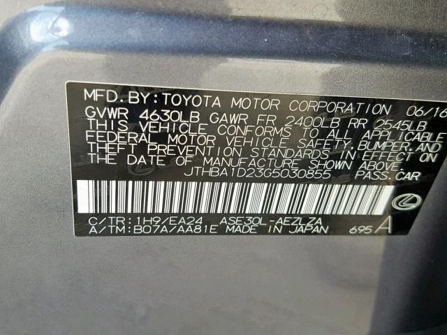 JTHBA1D23G5030855 - 2016 LEXUS IS 200T GRAY photo 10