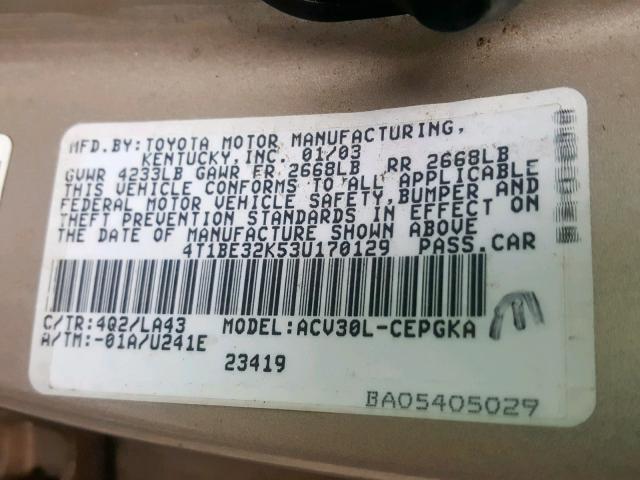 4T1BE32K53U170129 - 2003 TOYOTA CAMRY LE GOLD photo 10