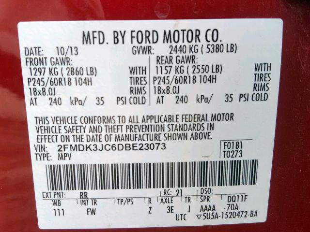 2FMDK3JC6DBE23073 - 2013 FORD EDGE SEL RED photo 10