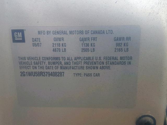 2G1WU58R379408287 - 2007 CHEVROLET IMPALA LTZ GRAY photo 10