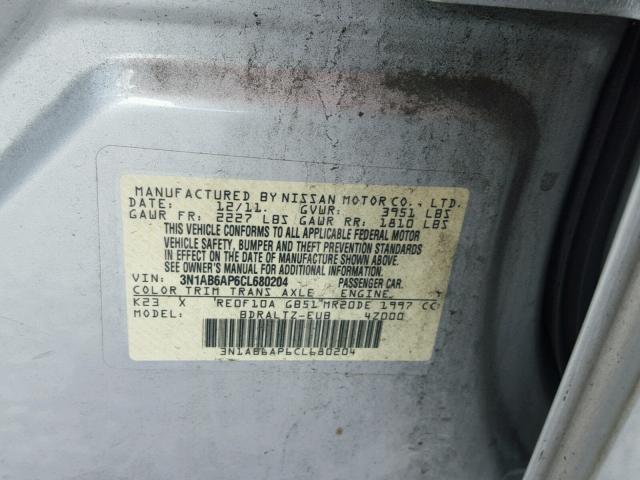 3N1AB6AP6CL680204 - 2012 NISSAN SENTRA 2.0 SILVER photo 10