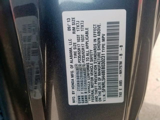 5FNRL5H48EB030231 - 2014 HONDA ODYSSEY EX GRAY photo 10