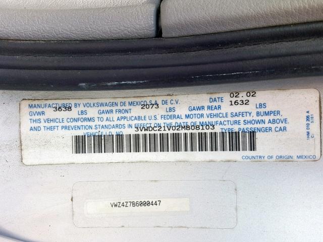 3VWDC21V02M808103 - 2002 VOLKSWAGEN CABRIO GLX SILVER photo 10