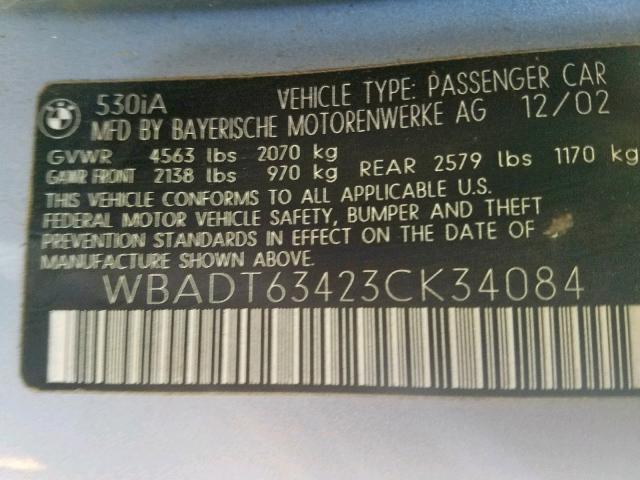 WABDT63423CK34084 - 2003 BMW 530IA SILVER photo 10